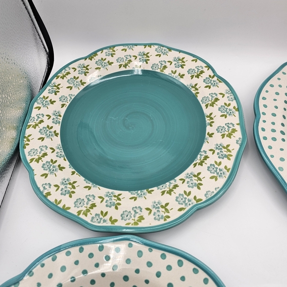 Pioneer Woman Retro Dots Dinner Plates 2 teal 1 red 1 floral - Picture 4 of 6
